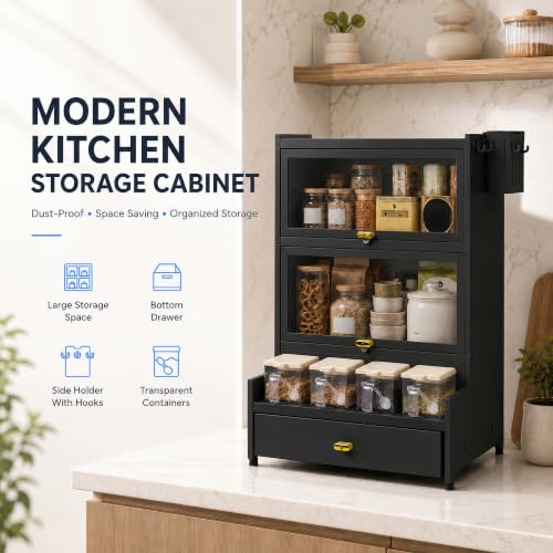 Image of Kitchen Storage Cabinet | Kitchen Cabinet with 2 Layer Kitchen Organiser, Drawer, 4 Storage Boxes & Side Holders | Dustproof Space Saving Carbon Steel Shelf | Black 41 CM, Pack of 1