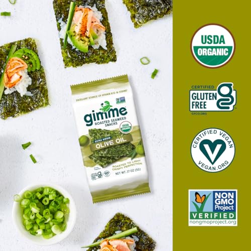Image of Gimme Seaweed Organic Premium Roasted Seaweed Snacks, Extra Virgin Olive Oil, Keto, Vegan, Gluten-Free, Great Source of Omega3s and Iodine, Healthy On-The-Go Snack for Kids&Adults,6 Count (Pack of 8)