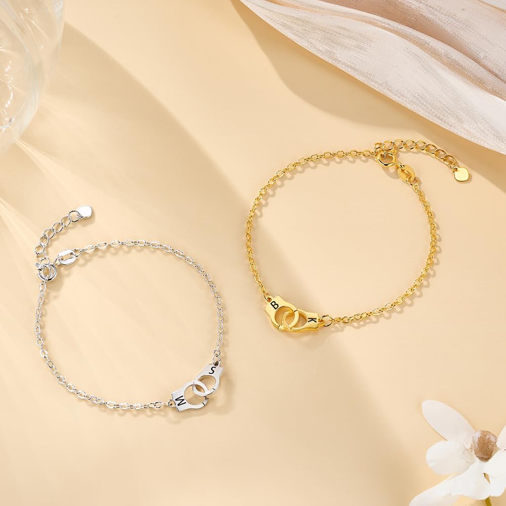 callie Personalized Handcuff Bracelet - Custom Double Initials, Sterling Silver/Stainless Steel Infinity Ankle Chain Bracelet, Jewelry Gift for Women Men