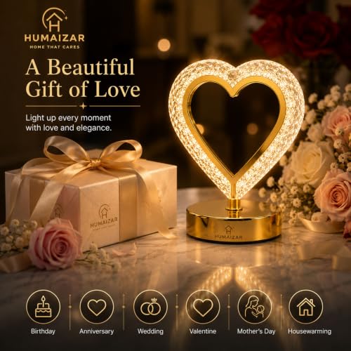 Image of HUMAIZAR Heart Crystal Rechargeable LED Table Lamp, USB Type-C Charging, Touch Control, Warm White LED, Premium Gold Metal & Crystal Acrylic Night Light for Bedroom, Living Room, Home Decor & Gift