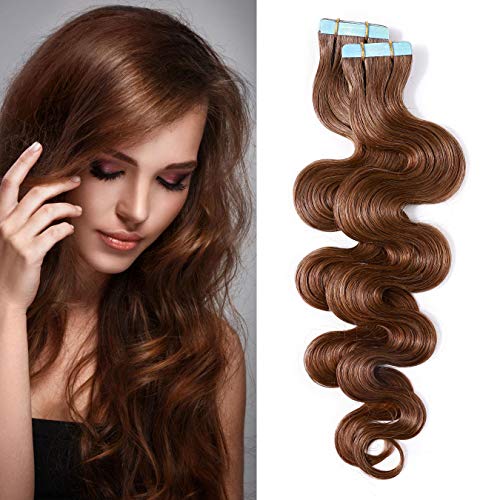 S-noilite 16" Body Wave Human Hair Tape in Extensions 100g 40pcs Invisible Seamless Weft Wavy Tape Extensions Real Hair Double Sided Rooted Remy Human Hair #6 Body Wave-Light Brown