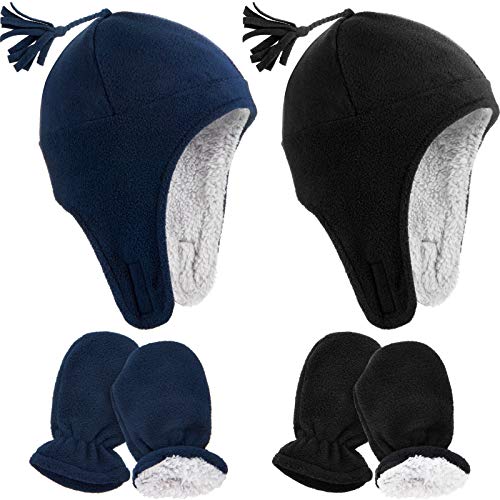 2 Set Baby Unisex Fleece Trapper Hat and Infant Mittens Winter Warm Earflap Caps and Mittens for Boys Girls, Black and Navy