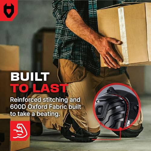 NoCry Professional Gel Knee Pads for Work with Soft Foam and Gel Cushion — Heavy Duty Cap, Reinforced Adjustable Straps, Military-Grade Rivets and Built-in Hang Loops — Perfect for Construction