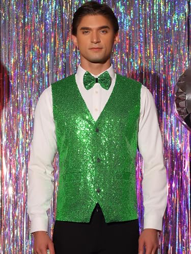 Lars Amadeus Men's Sequin Shiny Slim Fit Vest Sleeveless Suit Waistcoat Set with Bow Tie4