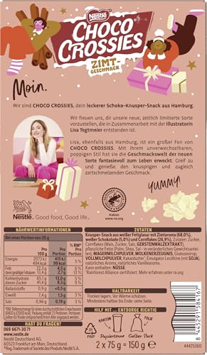 Nestlé CHOCO CROSSIES Zimt, knusperleichte Flakes und knackige Mandeln umhüllt von zartschmelzender weißer Glasur und Zimtgeschmack, 1er Pack (à 2 x 75g)