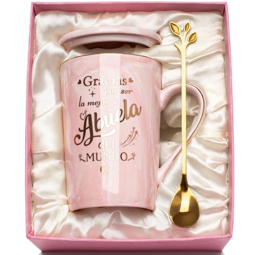 Regalo para Día de la Madre - Taza Rosa Jaspeada Gracias por ser la Mejor del Mundo con Cucharas y Cajas de Regalo
