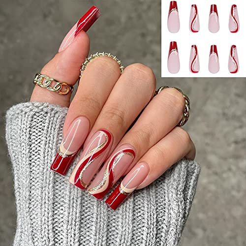 Valentine’s Day Nails Long Fake Press on Nails Red Golden Wave Pattern Design Removable Long Paragraph Manicure Medium Coffin False Nails Full Cover Fake Nails for Women Girls DIY Nail Art Decoration
