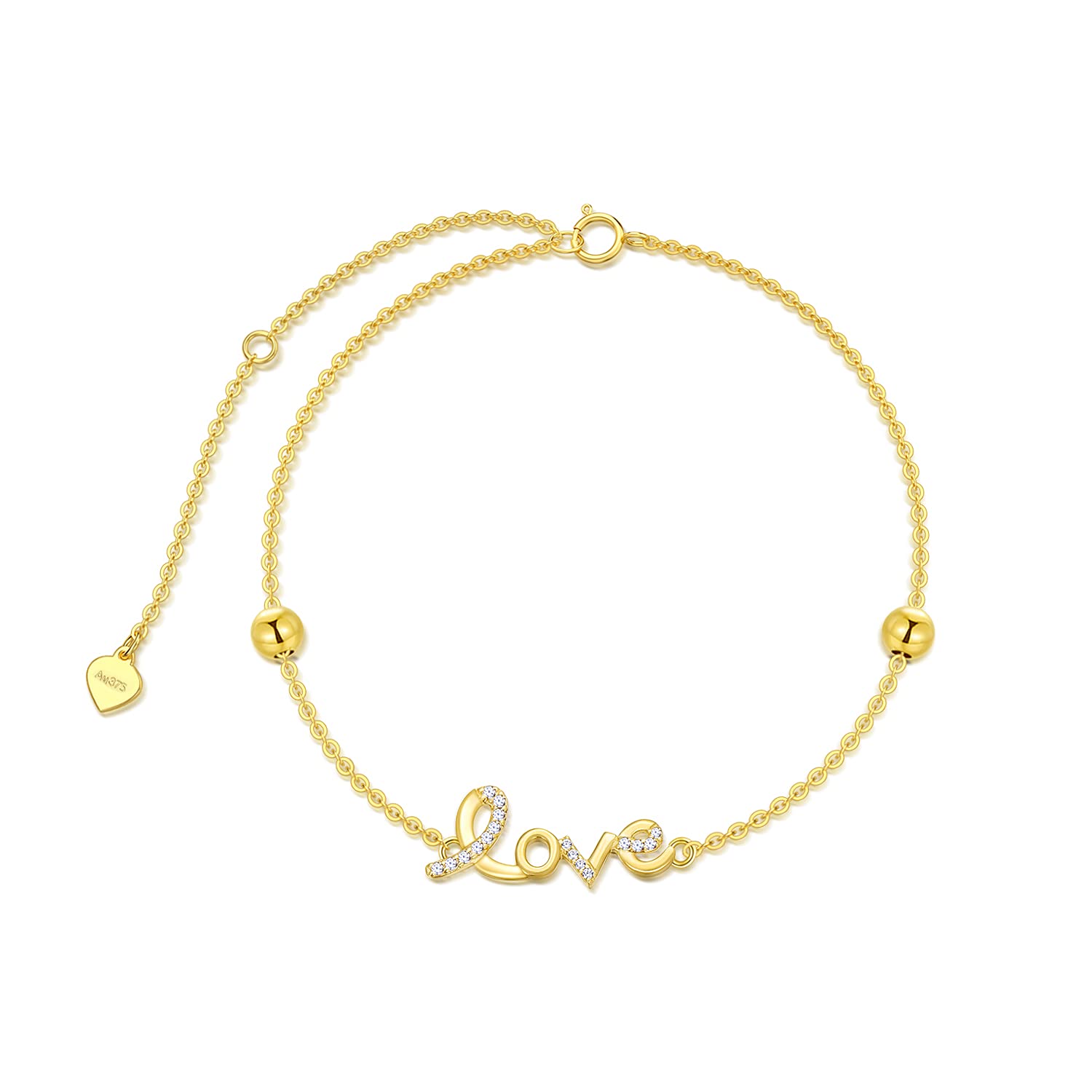 SISGEM9 ct Gold Love Bracelet, Solid Yellow Gold Love Letter Bracelet with 4mm Gold Beads, for Women Girls Ladies Mum Sisters, 7"+1"+1"