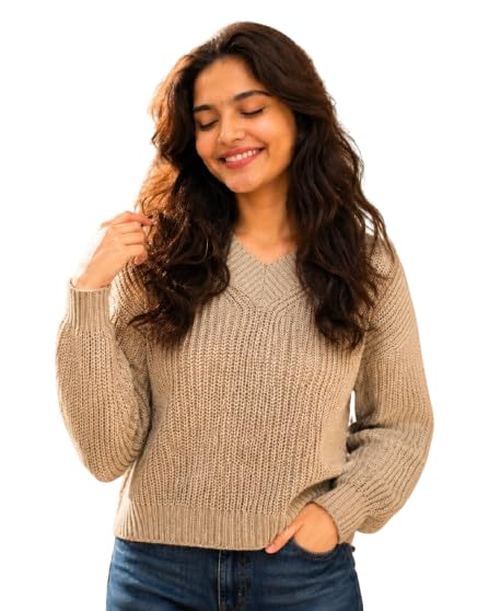 nobarr Women's Acrylic Full Sleeve with V-Neck Knitted Brown Sweater-picture-10
