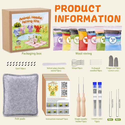 Image of Yizzvb 7 Pcs Needle Felting Kit Felting Kits Wool Felt Animal Kit | 7 Pcs Felting Kits for Beginners Adult, Needle Felting Kit Including Wool Roving, Mat, Felting Needles and Instructions