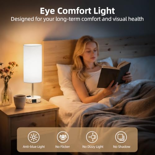 Image of Table Lamp, Dimmable Touch, AC Outlet, USB A+C (White&Marble) | 3-Way Dimmable, Small Touch Lamp with Eye-Care LED Bulb, Ideal Bright Lighting Bedside Lamps for Nightstand, Bedroom, Reading