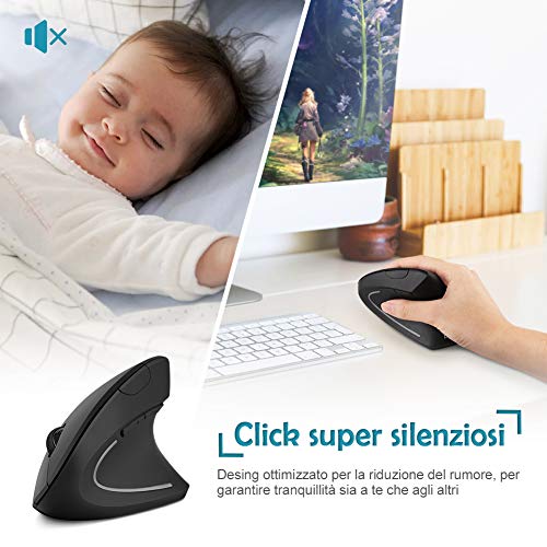 LOETAD Mouse Verticale Wireless Mouse Ergonomico Silenzioso modalità Standby 6-Tasti 800/1200/1600 DPI con Design Ergonomico per PC, Desktop, Laptop, Mac