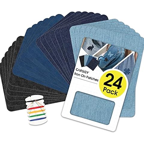CAREGY Iron on Patches for Clothing Repair, Denim Patches Iron on, 4 Shades Jean Patches Repair Decorating Kit 24PCS Iron on Patch Size 3" by 4-1/4" (7.6 cm x 10.8 cm) Cover