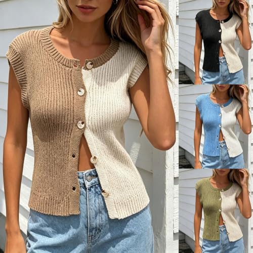 Chaleco de punto para mujer multicolor transpirable con botones cuello redondo 2