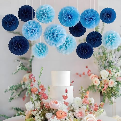 Image of XIKSXITN 12 pc Blue Tissue Paper Pom poms in 3 Colors-Hanging Paper Pom Poms Paper Flowers Ball for Party Decorative(Navy Blue,Blue and Light Blue)