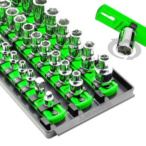 Ernst Manufacturing 8481 Socket Boss 3-Rail Multi-Drive Socket Holder Tray for Toolbox, Twist-Lock Secures Sockets, Green, Clips for SAE, Metric Socket Sets - Made in USA