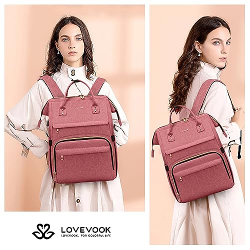 Image of LOVEVOOK Laptop Backpack for Women,15.6 Inch Professional Womens Travel Backpack Purse Computer Laptop Bag Nurse Teacher Backpack,Waterproof College Work Bag Carry on Back Pack with USB Port,Light-red