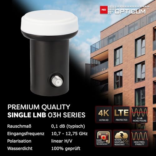 RED OPTICUM Single LNB 03H Digital HD 4K für Sat Schüssel, Sat Finder Kompatibel, Full HD/3D/UHD Unterstützung, Wasserdicht, LTE-Störschutz, Einfache Installation, Kompaktes Design