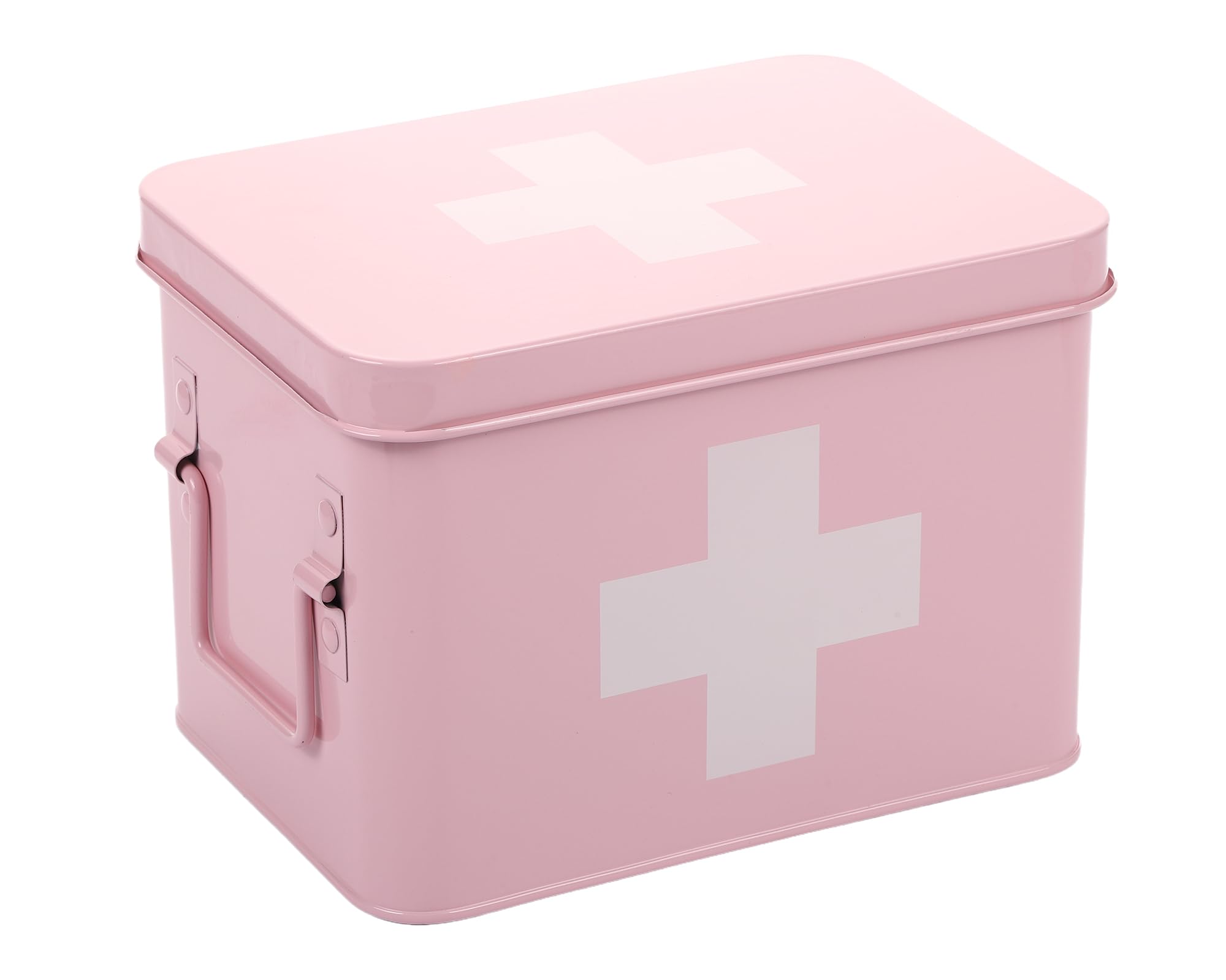 Lassos Boutique Retro Enameled First Aid Box for Medicine Storage and Home Decor with Lid and Removable Tray (Pink/White)