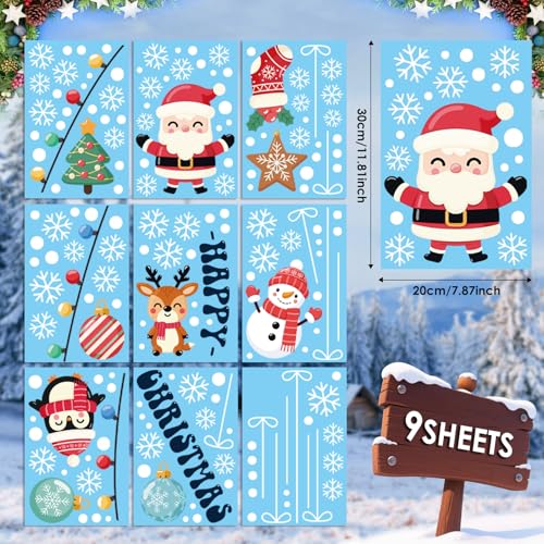Image of AhfuLife 173Pcs Christmas Window Clings, 9 Sheets Xmas Window Stickers Reusable Double Sided Santa Claus Christmas Tree Snowman Snowflake Decals for Xmas Party Home Indoor Decorations