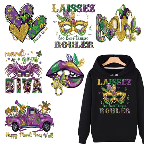 Doneace Valentines Day Mardi Gras Teacher Iron on Transfers Patches Masquerade Mask Clown Lips Pattern Iron on Decals Green Purple Yellow Heat Transfer Designs for Clothes Pillow DIY Craft 6Pcs