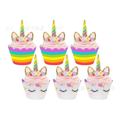 AIMALL 24 Pcs Unicorn Cupcake Toppers and Wrappers Set – Birthday Party Cake Decorations with Bunting and Lolly