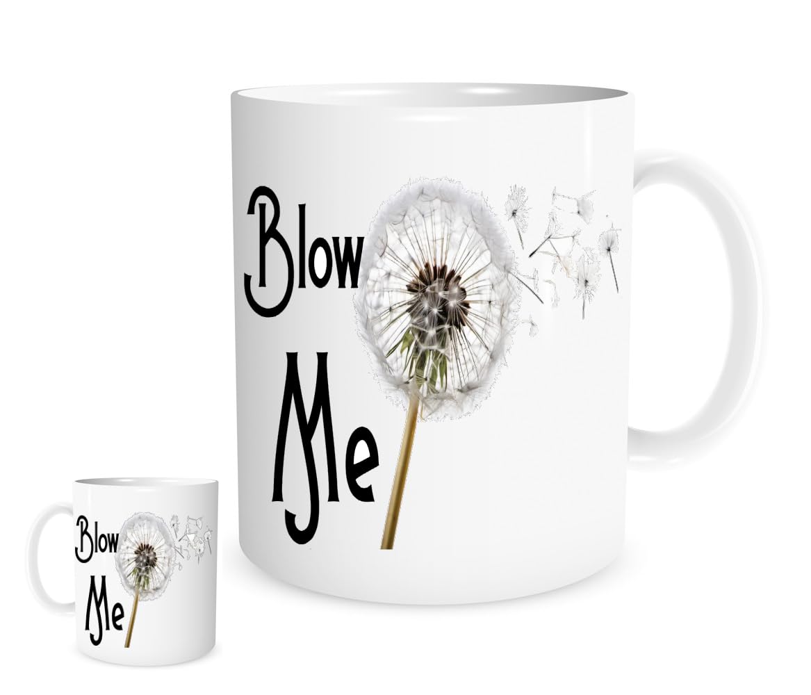 Blow Me Funny Dandelion Mug - Bold Ceramic Coffee Cup for Adults Gag Gift Idea, White