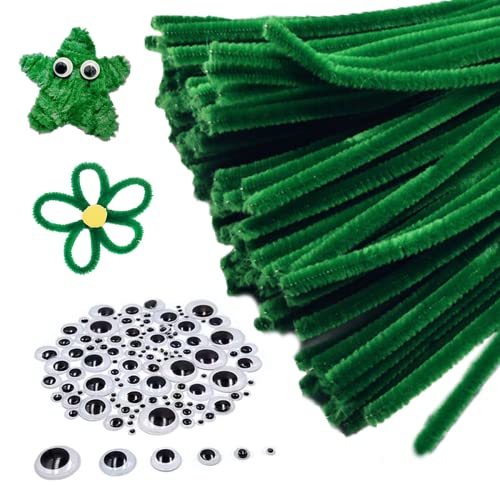 KIMMAX Pfeifenputzer 80 Stück in Grün und 100 Googly Eyes, Chenille Stiele Bastelset für Kinder Basteln und Dekorieren(Green) Cover