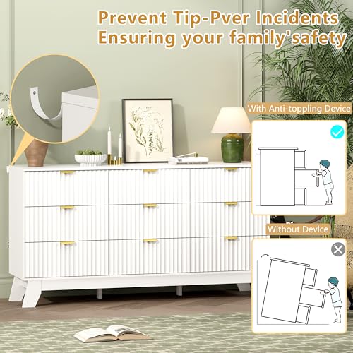 Image of Wodeer 9 Drawer Fluted Dresser for Bedroom, Mid Century Modern Dresser with 9 Drawers, Dressers & Chests of Drawers with Metal Handle, TV Stand & Storage Organizer for Entryway, Hallway, White