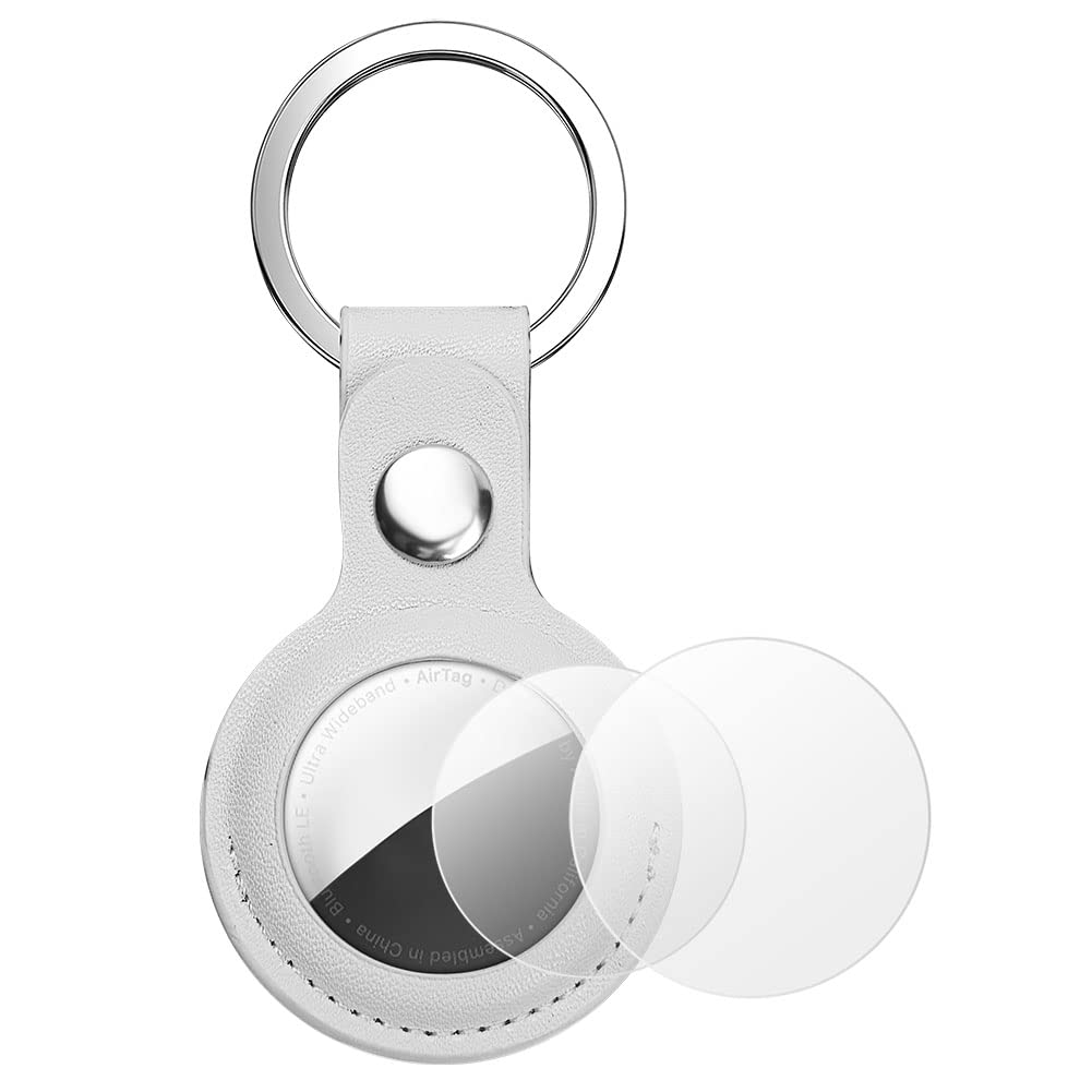 AXFEE Llavero para AirTag Cuero, Llaveros AirTag Funda Protectora con Película Protectora, Llavero Portátil Impermeable, Localizador para Llaves, Mascotas y Mochilas(Blanco)