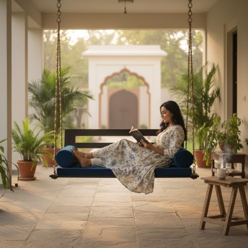 Image of APRODZ Swing for Home Reversible Sheesham Wooden Jhula for Adult for Home | Wooden Swing for Balcony | Hanging Swings with Brass Coated Chain | Patio Double Seater Indoor /Outdoor Swing, 132 x 55cm