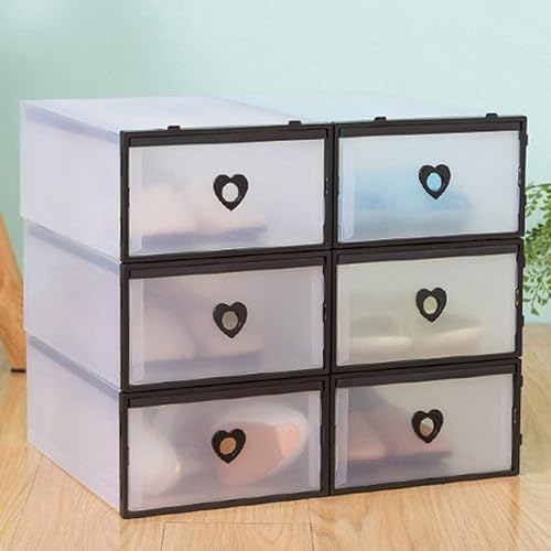 Miniatura 8 de 20 cajas de zapatos transparentes negras apilables, cajas de plástico, cajón, agujero de corazón, almacenamiento plegable, para hombres y mujeres,