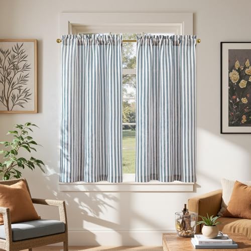 jinchan Linen Kitchen Curtains 45 Inch Length Striped Tier Curtains Ticking Stripe Small Drapes for Living Room Bathroom Cafe Small Window Farmhouse Rustic Pinstripe Rod Pocket 2 Panels Blue