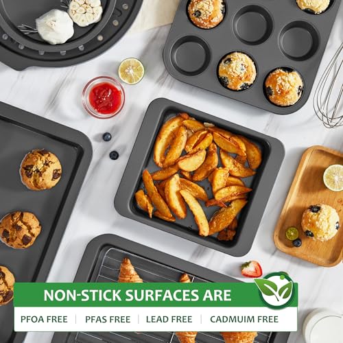 HONGBAKE Bakeware Sets, Baking Pans Set, Nonstick Oven Pan for Kitchen with Wider Grips, 10 Pieces Including Rack, Cookie Sheet, Cake Pans, Loaf Pan, Muffin Pan, Pizza Pan - Grey - Image 5