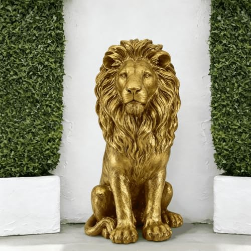 Gahowlen Large Golden Lion Garden Statue 24 Resin Regal Sitting Lion Sculpture for Front Door Luxury Home Entrance Guardian Decor Outdoor Animal Figurine Feng Shui Protection Beast