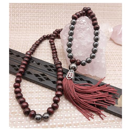 Japamala 108 contas em Madeira cor Vinho e Hematita