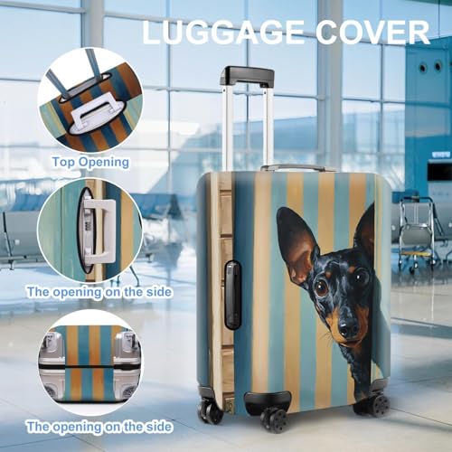 Image of Luggage Cover with Manchester Terrier Design - Stylish Dog Print Suitcase Protector with Blue and Yellow Stripes - Fits 28-30 Inch Travel Luggage,L