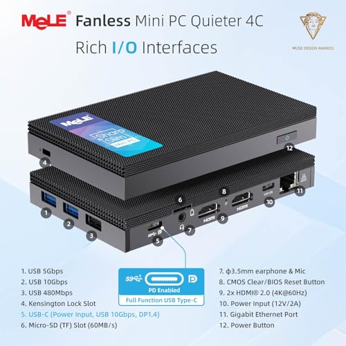 Image of MeLE Quieter 4C Fanless Mini PC N150 (up to 3.6GHz) 8GB RAM 128GB eMMC | Support 2 HDMI + USB-C Triple Display, WiFi 5 BT5.1 GbE, Quiet, No Dust, Support Win11 /10 & Linux, Unlocked BIOS, Low Power