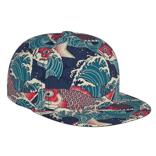 Snapback Hats for Men Women Fashion Japanese Koi Fish Baseball Cap Trucker Hat for Cycling Sports Running Golf Flat Brim Hats