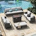 10 Pieces Patio Sectional Furniture Set with 44" Propane Fire Pit Table, 60000BTU Wicker Outdoor Sectional Coversation Set, Thick Cushion Deep Seat, Outdoor Furniture for Porch,Backyard,Deck (Grey)