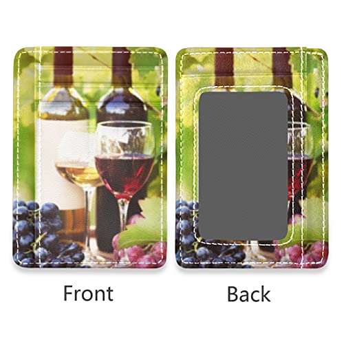 Red Wine Glasses Bottles Grapes with Green Leaves and Wooden Barrels Slim Minimalist Wallet, Front Pocket RFID Leather Blocking Card Holder Case for Men Women Girls Ladies, Stylish Printing Gift2