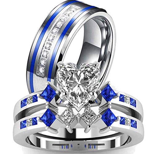 ringheart Couple Rings White Gold Filled Heart Cut Cz Womens Wedding Ring Sets Titanium Rhinestone Mens Wedding Band (Please Buy 2 Rings for 1 Pair)