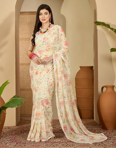Image of SIRIL Women's Georgette Floral Printed Saree with Unstitched Blouse Piece