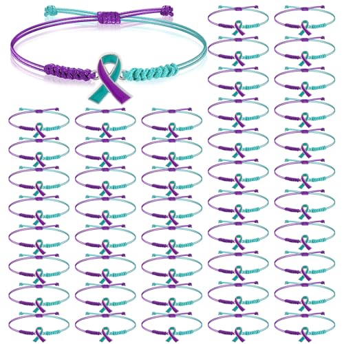 Sasylvia 20/100/150 Pcs Suicide Prevention Awareness Bracelets Adjustable Cord Purple Teal Ribbon Braided Bracelets Inspirational Suicide Prevention Gifts for Women Men Jewelry Accessories
