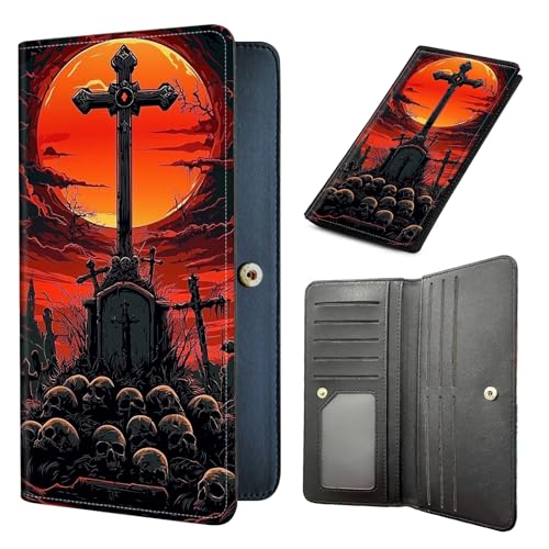 Long Women Wallet, Ultra Slim Thin Wallet for Women, RFID Blocking PU Leather Credit Card Holder, Multi-Card Slots Business Travel Bifold Clutch, Crossed Skulls