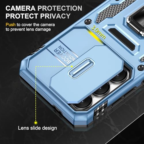 Image of Polycarbonate Slide Camera Cover with Ring Holder Mobile Phone Back Cover for Samsung Galaxy S24 FE (Blue)