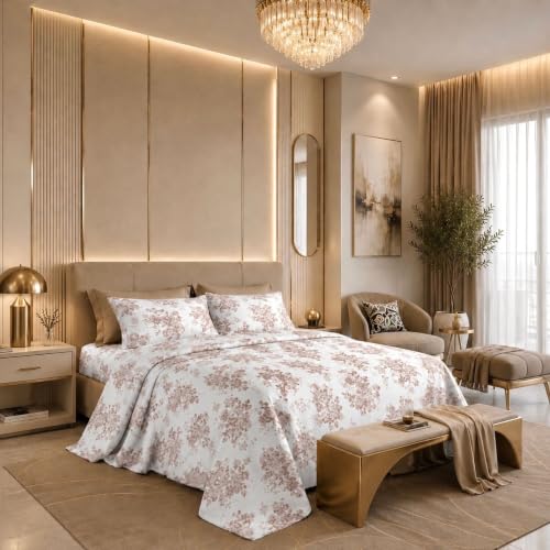 Image of Jaipur Weaves Cotton King Size Bedsheet 108x108 Super King, 100% Pure Cotton Bed Sheet with 2 Pillow Covers, 300 TC Soft Breathable Floral Design Bedding (Brown Meadows, Super King)