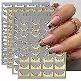 French Line Nail Art Stickers Decals, 4Pcs Gold Silver French Nail Decals 3D Metal Curve Stripe Wave Lines Nail Design French Nail Supplies for Nails Adhesive Sticker Slider DIY Manicure Accessories