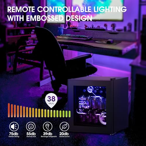 HCK 48L Mini Kühlschrank mit Glastür Leise 39dB, Cyberpunk Getränkekühlschrank mit Fernsteuerbaren RGB LED Lichtern, Flaschenkühlschrank, Mini Fridge 0-15°C für Gaming Deko, Minibar, Schwarz – Bild 5