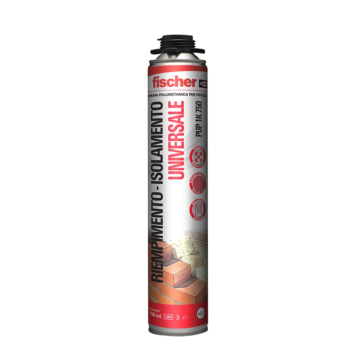 Fischer 12 unidades espuma de poliuretano PUP 1K 750 ml, universal, multiusos, uso con pistola